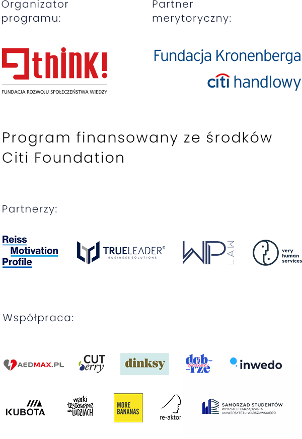 Organizatorzy Programu - Fundacja Think! oraz Citi Foundation; Partner Merytoryczny - Fundacja Kronenberga City Handlowy